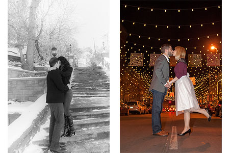 Engaged couple kissing downtown Denver at Larimer Square