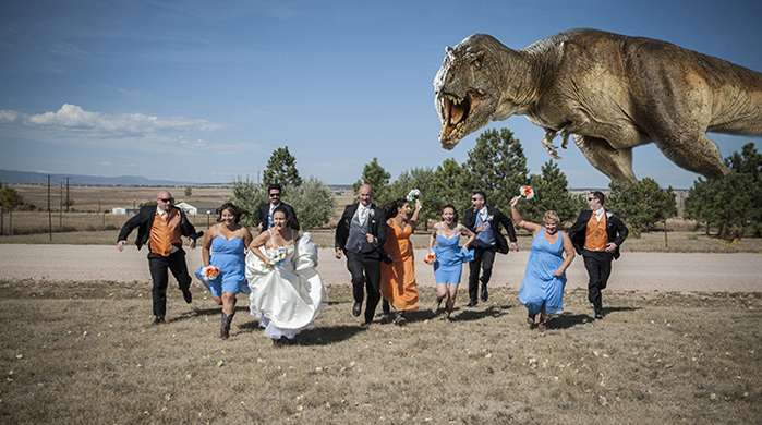 Wedding party running from a T-rex in Colorado